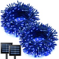 Jmexsuss 2 Pack Blue Solar Christmas Lights 100 Led 427Ft Solar Halloween Lights Outdoor 8 Modes Solar String Lights For Hall