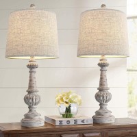 Portres 24.5'' Traditional Table Lamp Set Of 2 For Living Room Linen Fabric Lampshade Bedside Nightstand Lamps For Bedroom Kids Room Study Room Office Rustic Table Lamps Resin