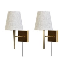 Efinehome Mid-Century Modern Wall Sconce With Beige Fabric Shade| 1-Light Antique Gold Indoor Wall Lamp Fixture| Hallway Bathroom Vanity Light Sconces Wall Lighting (Set Of 2 Plug In)