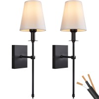 Passica Decor Hardwired Wall Sconces Set Of Two 2 Pack Black With Vertical Rod And White Fabric Flared Shade Versatile Used In B