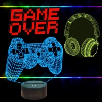 Fullosun Pixel Game Over Illusion Lamp Gamepad 3D Night Light 3 Patterns With Remote Control 16 Color Changing Gaming Room He