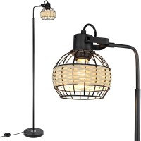 Dllt Led Floor Lamp, Adjustable Head Standing Lamp With Heavy Metal Based, Farmhouse Tall Rattan Floor Lamps Reading Lighting For Living Room, Bedroom, Study Room, Office, 8W 3000K E26 Bulb Included