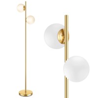 Mid Century Modern 2 Frosted Glass Globe Floor Lamp For Living Room,Contemporary Led Standing Light, Gold Corner Pole Office Bedroom, Study Room, Hotel, Antique Brass Lighting