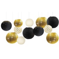 Nicrolandee Black Gold Party Supplies - 12Pcs Black And Gold Metallic Foil Paper Lanterns Decorative For Wedding, Birthday, Baby Shower, Graduation, Anniversary, Retirement Party, New Years Eve Party