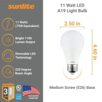 Sunlite 41556-Su Led A19 Standard Light Bulb, 11 Watts (75W Equivalent), 1100 Lumens, Medium Base (E26), Dimmable, Ul Listed, Energy Star, 2700K Warm White, 6 Count