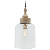 Inverted U Glass Pendant Light With Wood Finial Crown Top, Brown And Clear