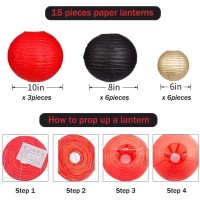 Paper Lanterns Decorative, Party Supplies For Wedding Graduation Anniversary Birthday Party Decorations Black/Gold/Red 15Pcs