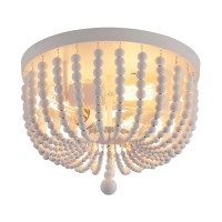 Q&S White Boho Beaded Chandeliers Flush Mount Ceiling Light,3-Lights Small Chandelier Light Fixture For Bedroom,Kitchen,Dining Room,Living Room,Stairway Gazebo