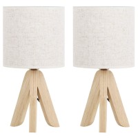 Bedside Table Lamps Set Of 2 Cute Wooden Tripod Table Lamps Small Nightstand Lamps With Rustic Fabric Linen Shade Decorative Modern Desk Reading Lamp For Bedroom, Living Room, Office, College Dorm