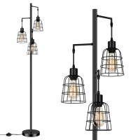 Industrial 3-Light Tree Floor Lamp With Cup-Shaped Cages Farmhouse Rustic Tall Standing Lamp For Living Room Vintage Elegant Black Pole Light With Edison E26 Base Metal Shade For Bedroom Office Hotel