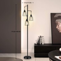 Industrial 3-Light Tree Floor Lamp With Cup-Shaped Cages Farmhouse Rustic Tall Standing Lamp For Living Room Vintage Elegant Black Pole Light With Edison E26 Base Metal Shade For Bedroom Office Hotel