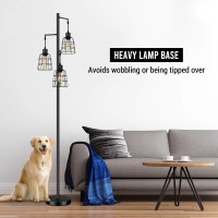 Industrial 3-Light Tree Floor Lamp With Cup-Shaped Cages Farmhouse Rustic Tall Standing Lamp For Living Room Vintage Elegant Black Pole Light With Edison E26 Base Metal Shade For Bedroom Office Hotel