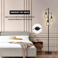 Industrial 3-Light Tree Floor Lamp With Cup-Shaped Cages Farmhouse Rustic Tall Standing Lamp For Living Room Vintage Elegant Black Pole Light With Edison E26 Base Metal Shade For Bedroom Office Hotel