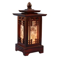 Antique Alive Carved Wood Lamp Handmade Traditional Korean Kingdom Window Design Art Deco Lantern Brown Asian Oriental Bedside Bedroom Accent Unusual Table Light (Pagoda)