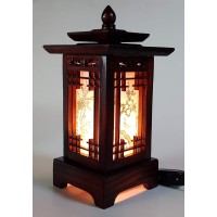 Antique Alive Carved Wood Lamp Handmade Traditional Korean Kingdom Window Design Art Deco Lantern Brown Asian Oriental Bedside Bedroom Accent Unusual Table Light (Pagoda)