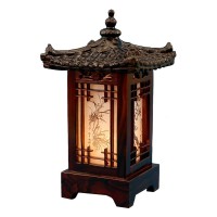 Antique Alive Carved Wood Table Lamp Handmade Traditional Korean House Pavilion Pagoda Design Art Deco Lantern Brown Asian Oriental Bedside Bedroom Lamp Accent Unusual Light (House)