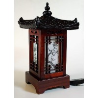 Antique Alive Carved Wood Table Lamp Handmade Traditional Korean House Pavilion Pagoda Design Art Deco Lantern Brown Asian Oriental Bedside Bedroom Lamp Accent Unusual Light (House)