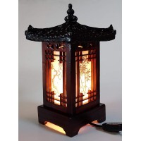 Antique Alive Carved Wood Table Lamp Handmade Traditional Korean House Pavilion Pagoda Design Art Deco Lantern Brown Asian Oriental Bedside Bedroom Lamp Accent Unusual Light (House)