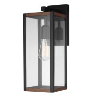 Globe Electric 44681 1-Light Outdoor Indoor Wall Sconce, Matte Black, Faux Wood Accents, Glass Shade, Wall Lighting, Porch Light, Wall Lights For Bedroom, Kitchen Sconces Wall Lighting, Home D