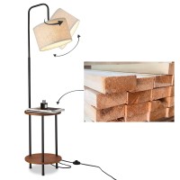 Elyona Modern Floor Lamp With End Table, Rubber Wood Bedside Table Lamp With Adjustable Drum Shade, Rustic Tall Pole Shelf Reading Standing Light For Farmhouse Bedroom, Living Room, Office - Walnut