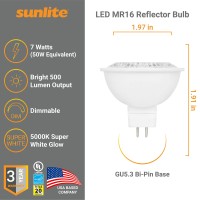 Sunlite 41573 Led Mr16 Reflector Spotlight Bulb, 7 Watts (50W Halogen Bulb Eq) 12V, 500 Lm, 90 Cri, Gu5.3 Bi-Pin Base, Dimmable, Title-20 Compliant, Ul & Energy Star, 5000K Daylight, 6 Pack