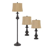 Add a tint of style and touch to the living room with the inclusion lamp set which comes with 1 floor lamp and 2 table lamps Resting atop the turned pedestal style accent the burlap fabric empire shade in beige hue adds a pleasant appeal to the entire pie