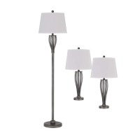 Skillful design and utmost dexterity this lamp set which comprises of 1 floor lamp and 2 table lamps will prove to be the ultimate addition in your home The protruded cage design accent in silver hue adds an enchanting look to the overall piece The tapere