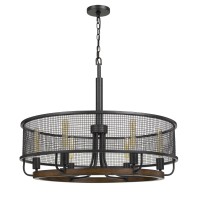 A perfect balance of industrial and contemporary this elegant piece of Chandelier adds a unique element to your home The round grid metalwork surrounds the 6 light fixtures with a wooden rim and has a chain for hanging It incorporates a hardwired type swi