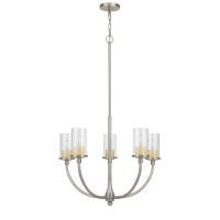 Metal Chandelier With 5 Cylindrical Glass Shades, Silver