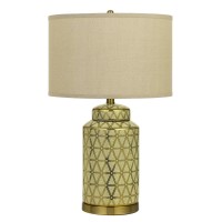 Benjara Bm233485 245 Ceramic Table Lamp With Geometric Style Accents, Gold And Beige