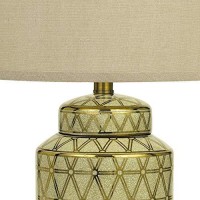 Benjara Bm233485 245 Ceramic Table Lamp With Geometric Style Accents, Gold And Beige