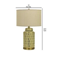 Benjara Bm233485 245 Ceramic Table Lamp With Geometric Style Accents, Gold And Beige