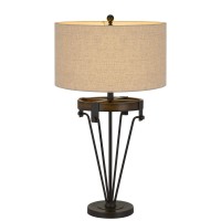 Benjara Bm233481 32 Metal Table Lamp With Drum Burlap Shade, Black And Beige