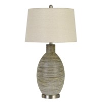 Benjara Bm233488 30 Ceramic Table Lamp With Line Design Base, Beige And Gray