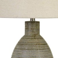 Benjara Bm233488 30 Ceramic Table Lamp With Line Design Base, Beige And Gray