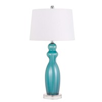 Benjara Bm233406 Pot Bellied Shape Glass Table Lamp With Tapered Shade Set Of 2, Blue