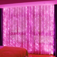 Hxweiye 300Led Pink Fairy Curtain Hanging Lights With Remote 8 Modes Timer For Bedroom 98X98Ft Usb Plug In Fairy String Lights