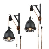 Seeblen Vintage Design Industrial Wheel Farmhouse Wall Mount Set Of 2,Pulley Wall Pendant Lamp With 15-Foot Brown Plug And Switch, Adjustable Wall Sconce Sand Black Iron Cage Wall Light