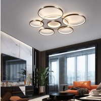 Led Ceiling Light Modern Creativity 7-Ring Living Room Ceiling Lamp Brown Round Circle Bedroom Chandelier,3000K-6500K Dimmable With Remote Control Restaurant Indoor Ceiling Lighting,108W/110Cm