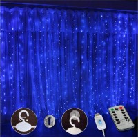 Sinamer Curtain Light, 9.8Ft X 9.8Ft Copper Wire String Lights, Usb Powered Hanging Window Fairy Lights, 8 Lighting Modes, Remote Control For Home Christmas Wedding Party (Blue)