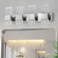 Oylyw Modern Led Bathroom Vanity Light Fixtures Chrome Stainless Steel 4 Light Wall Sconces For Bathroom Lighting Fuxture Over Mirror 28 Inch 40W Led Crystal Wall Light Cool White 5800K