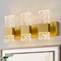 Oylyw Gold Bathroom Vanity Lights Fixtures Over Mirror Led Crystal Modern 3 Light Brushed Stainless Steel Wall Mount Light For Bathroom Lighting Fixtures 3000K 30Watts Warm Light