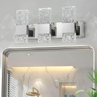 Oylyw Modern Led Bathroom Vanity Light Fixtures Chrome Stainless Steel 3 Light Wall Sconces For Bathroom Lighting Fuxture Over Mirror 21.5Inch 30W Led Crystal Wall Light Cool White 5800K