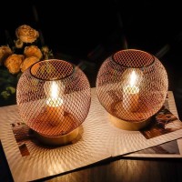 Jhy Design Set Of 2 Table Lamp Metal Mesh Modern Battery Powered With 6-Hours Timer Feature 6.5''High Decorative Cordless Lamp For Balcony Indoor Table Garden Party Home(Circular,With Wooden Base)