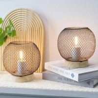 Jhy Design Set Of 2 Table Lamp Metal Mesh Modern Battery Powered With 6-Hours Timer Feature 6.5''High Decorative Cordless Lamp For Balcony Indoor Table Garden Party Home(Circular,With Wooden Base)