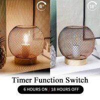 Jhy Design Set Of 2 Table Lamp Metal Mesh Modern Battery Powered With 6-Hours Timer Feature 6.5''High Decorative Cordless Lamp For Balcony Indoor Table Garden Party Home(Circular,With Wooden Base)