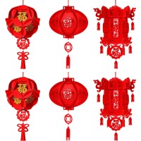 6 Pieces Red Chinese Spring Festival Lanterns Chinese Lucky Lantern Lucky Red Fu 3D Lantern Chinese Celebration Lantern Hanging Decorative For Chinese New Year, Chinese Spring Festival, Wedding