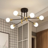 Sputnik Chandelier Modern Ceiling Light Fixture Mid Century Black And Gold Industrial Pendant Light Semi Flush Mount Lighting For Living Room Dining Room Bedroom Kitchen Bar Cafe