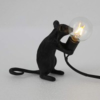 Ausuky Retro Rat Table Lamp Mouse Desk Light Bedside Resin Mice Lamp Warm Room Decor E12 Base (Black Sitting)