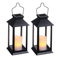 Tomshine 2 Pack Solar Lanterns, Outdoor Garden Hanging Lanterns, 11.8 Inch Led Flickering Flameless Candle Mission Lights For Yard, Table, Patio (Black)